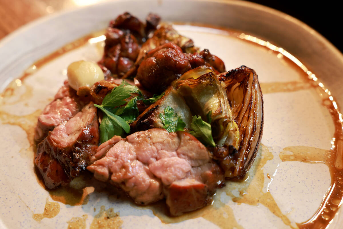 Wood Roasted Sweetbread is shown during a collaborative lunch with Esther’s Kitchen chef ...