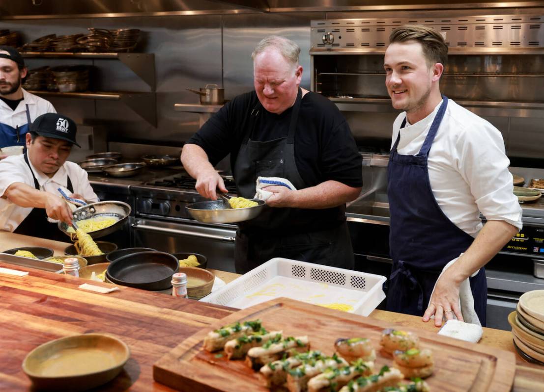 Esther’s Kitchen chef-owner James Trees, left, and London-based chef Tomos Parry of Brat ...