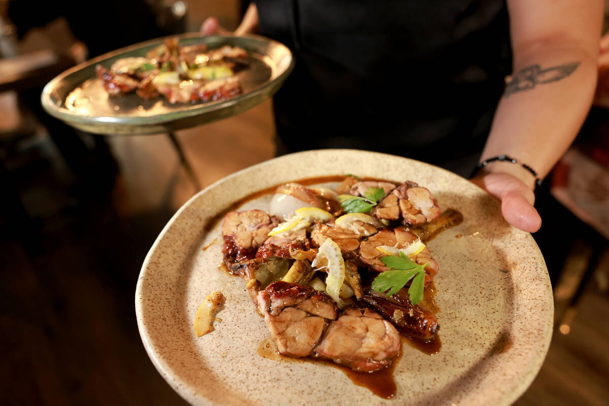 Wood Roasted Sweetbread is shown during a collaborative lunch with Esther’s Kitchen chef ...