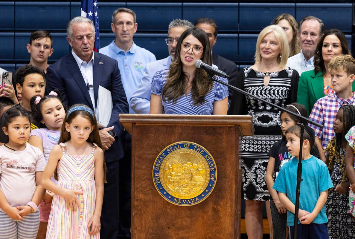 Valeria Gurr, Nevada School Choice Coalition, speaks during a school choice rally as Gov Joe Lo ...