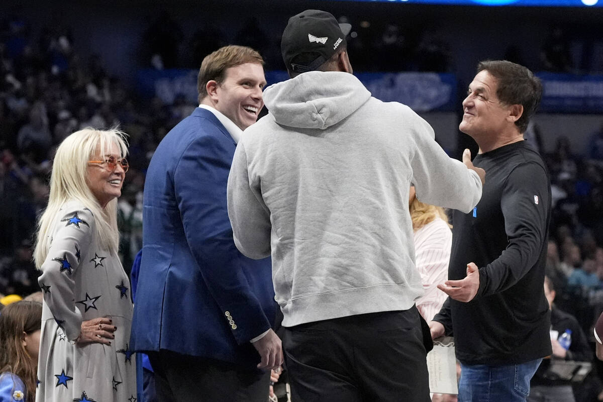 From left to right, Miriam Adelson, Dallas Mavericks governor Patrick Dumont, Dallas Cowboys st ...