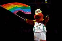 In this June 25, 2015, file photo, Seattle Storm's mascot Doppler holds a rainbow gay pride fla ...