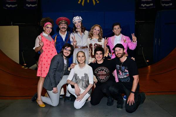 Celine Dion and her family are shown backstage with cast members of "Love" at the Mirage on Fri ...