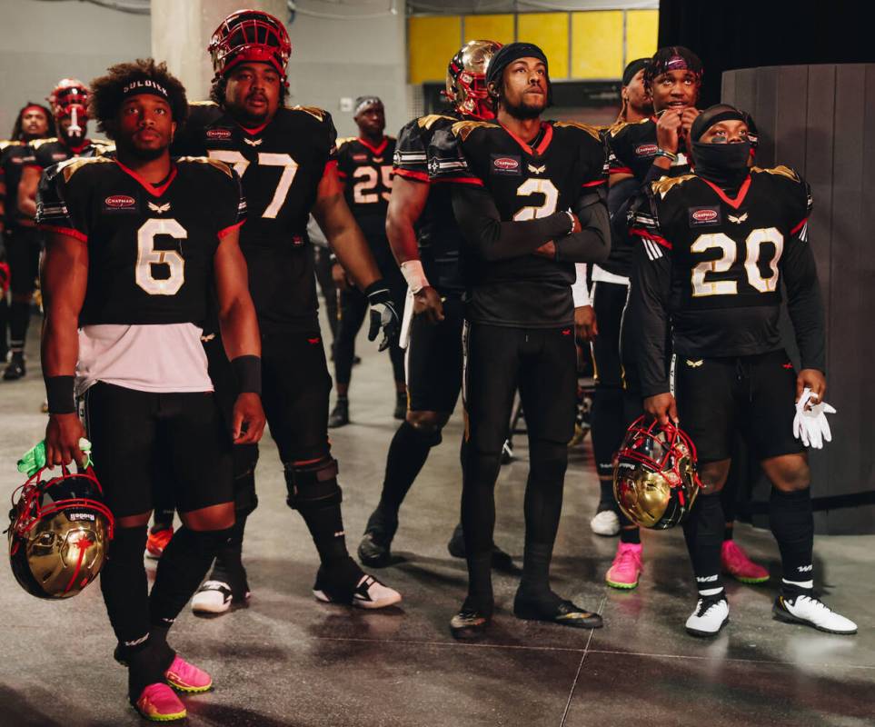 Knight Hawks quarterback Ja’Rome Johnson (2) watches team introductions before a game at ...