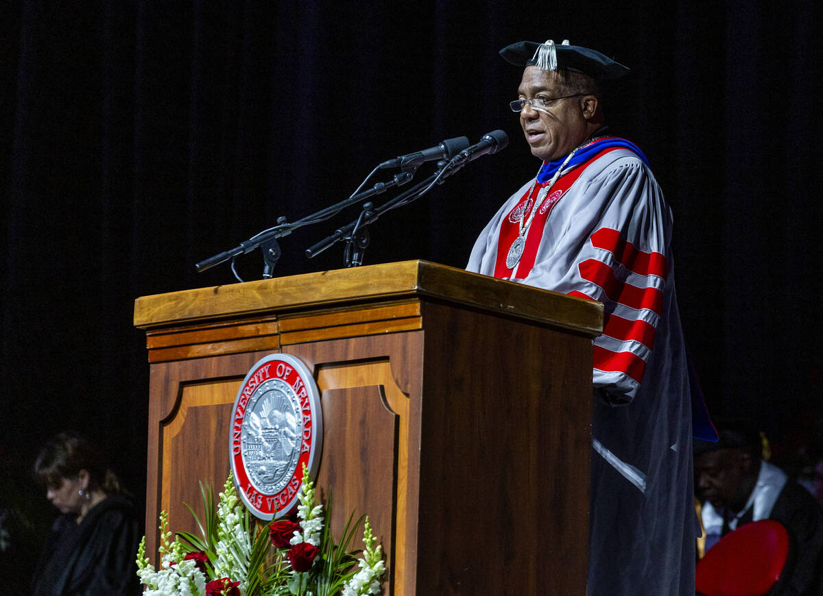 President Keith E. Whitfield gives the president's message during UNLV spring graduation commen ...