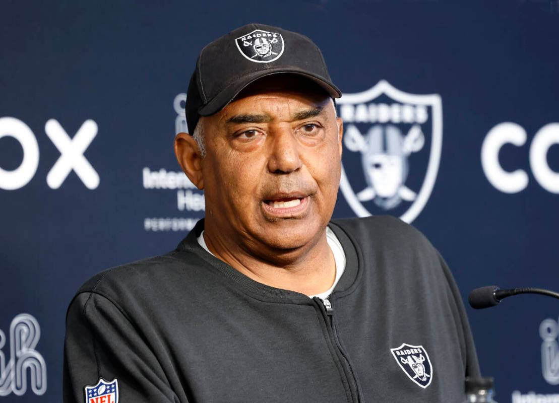 Raiders assistant head coach Marvin Lewis addresses the media before team's practice at the Int ...