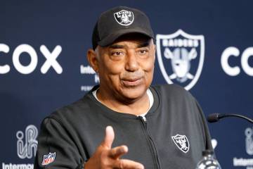 Raiders assistant head coach Marvin Lewis addresses the media before team's practice at the Int ...