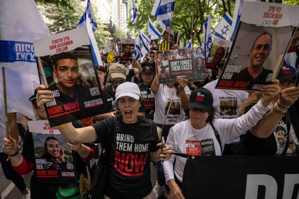 Family members of Israeli hostages march during the annual Israel Day Parade on Fifth Avenue on ...