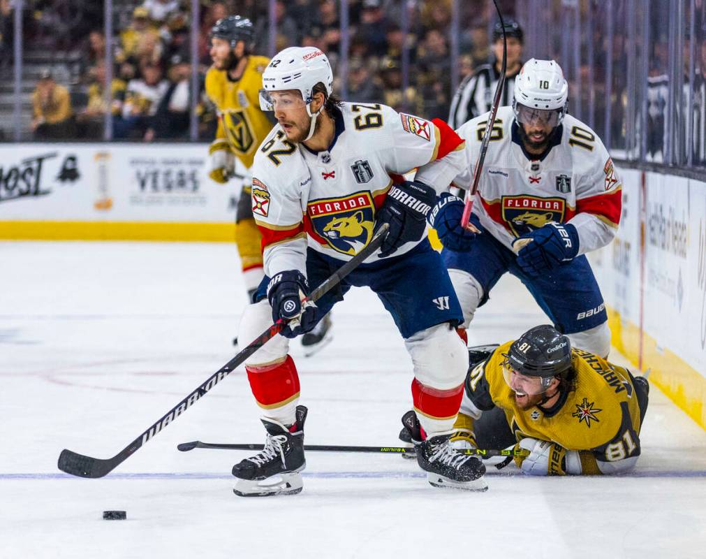 Florida Panthers defenseman Brandon Montour (62) takes control of the puck after Golden Knights ...