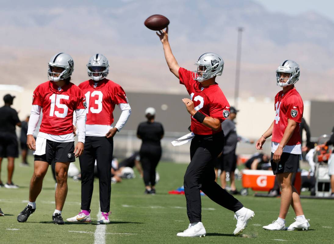 Raiders quarterback Aidan O'Connell (12) throws the ball as backup quarterbacks Gardner Minshew ...