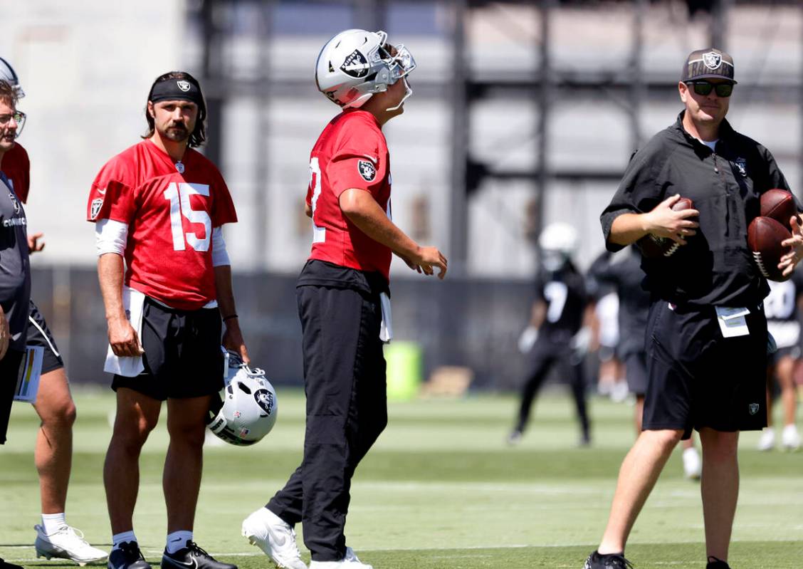 Raiders quarterbacks Aidan O'Connell (12) Gardner Minshew II (15) take the field to participate ...