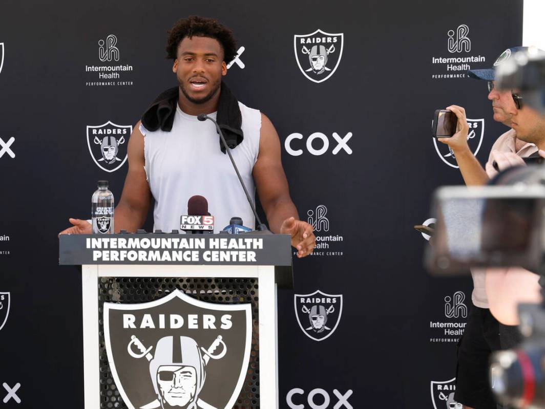 Raiders team's defensive end Malcolm Koonce addresses the media after organized team activities ...