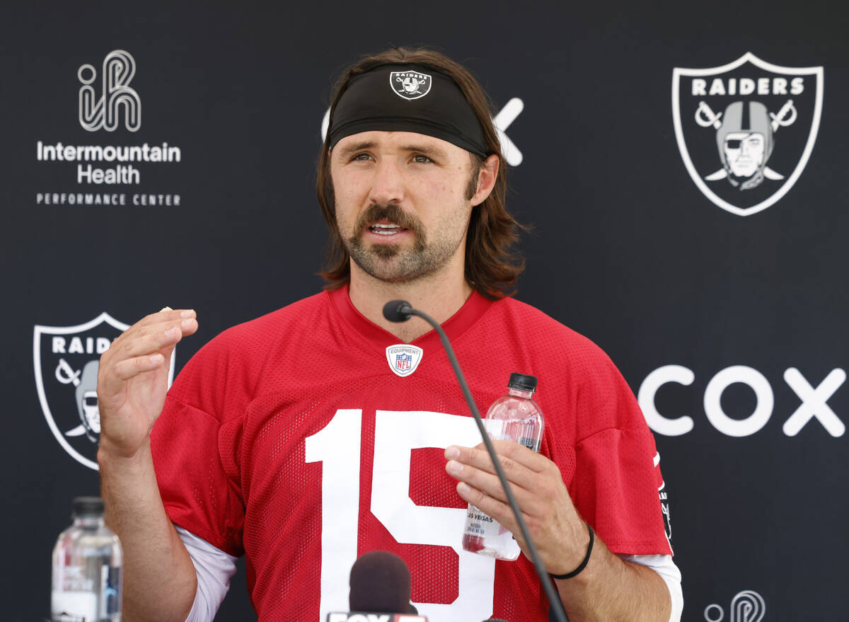 Raiders quarterback Gardner Minshew II addresses the media after organized team activities at t ...