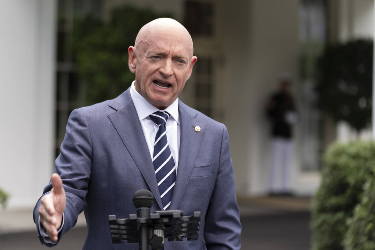 Sen. Mark Kelly, D-Ariz., speaks about the southern border outside the West Wing of the White H ...