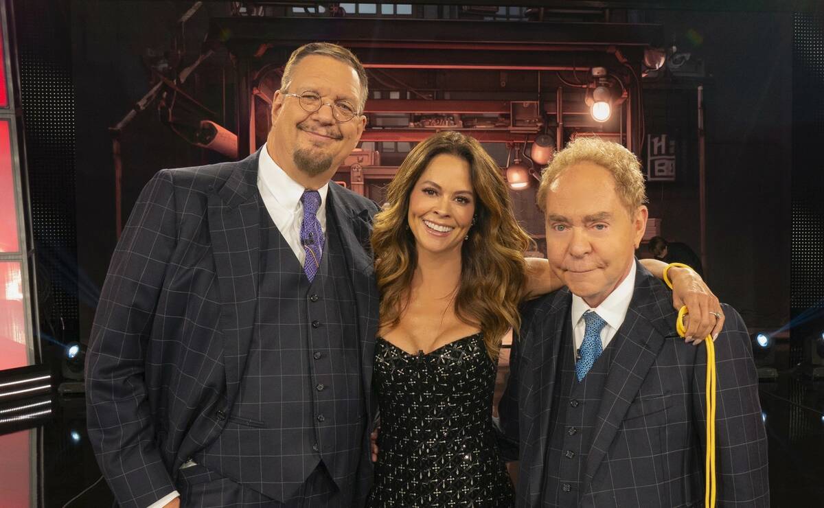 Penn Jillette, Brooke Burke and Teller are shown on the Rio set of "Penn & Teller: Fool Us." (P ...