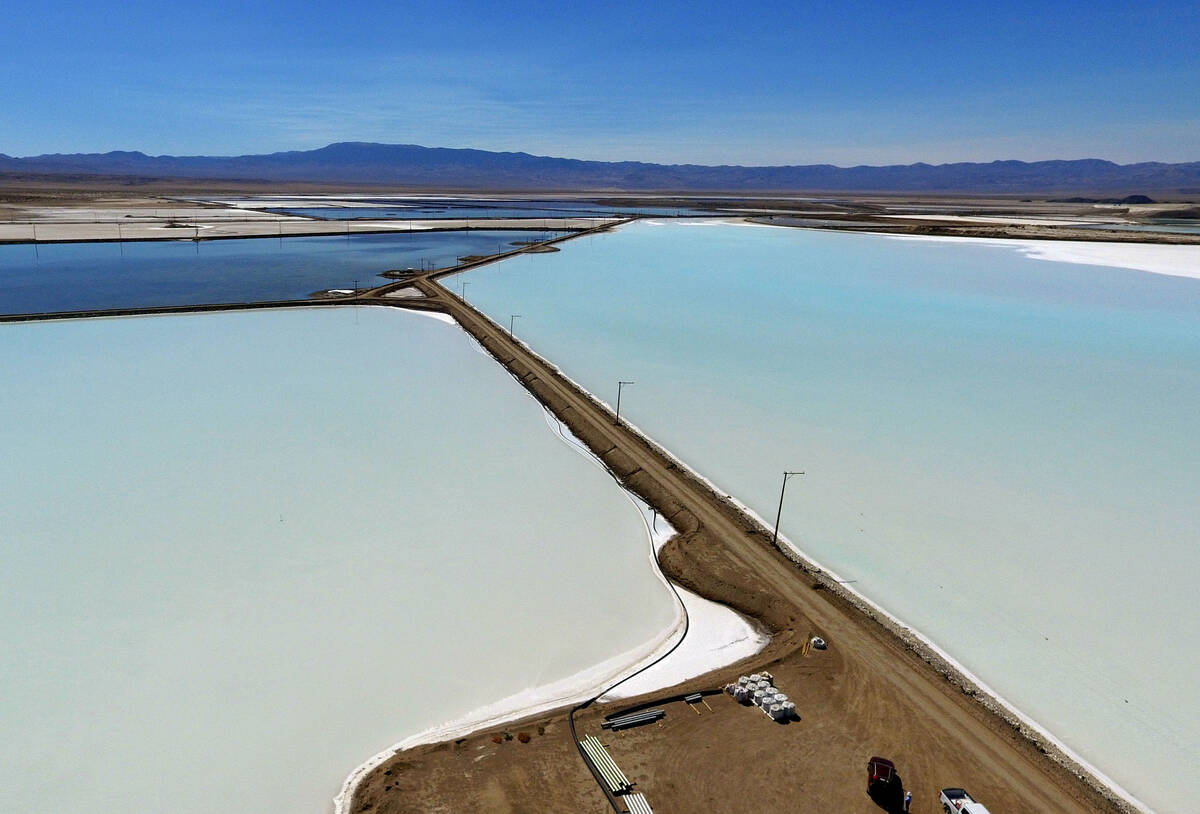 Lithium brine evaporation ponds are seen at Albemarle's lithium mine in Silver Peak, Nevada, on ...