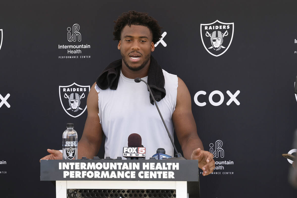 Raiders team's defensive end Malcolm Koonce addresses the media after organized team activities ...