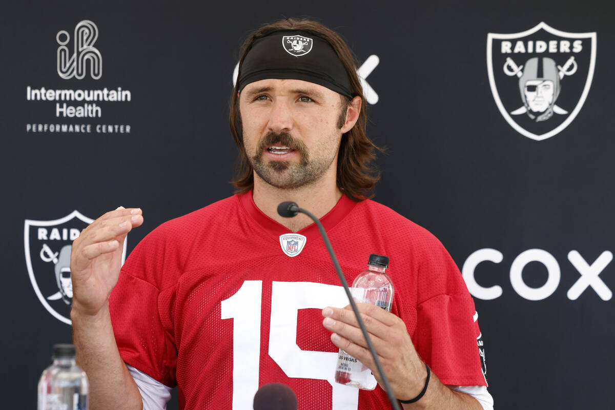 Raiders quarterback Gardner Minshew II addresses the media after organized team activities at t ...