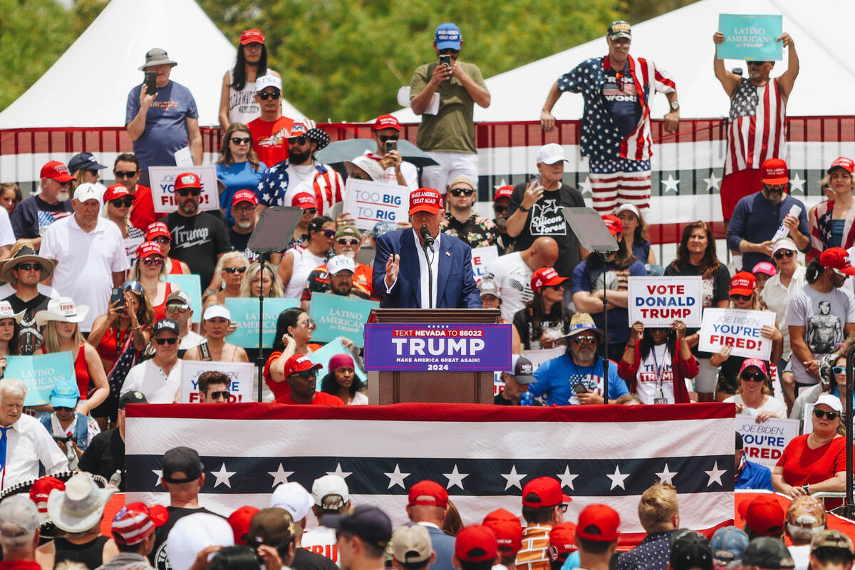 Former President Donald Trump speaks at a rally at Sunset Park on Sunday, June 9, 2024, in Las ...