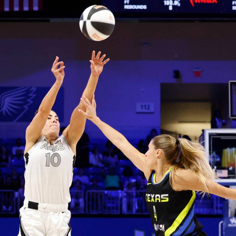 Las Vegas Aces guard Kelsey Plum (left) shoots a three-pointer over Dallas Wings guard Jacy She ...