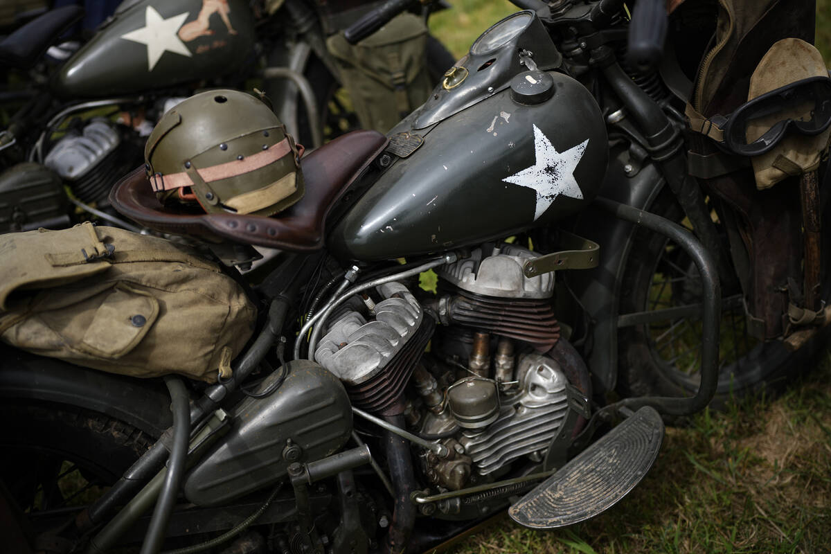 A US army vintage Harley Davidson motorbike is pictured at Utah Beach near Sainte-Marie-du-Mont ...