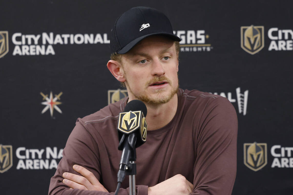 Golden Knights center Jack Eichel speaks during team's exit interviews at City National Arena, ...