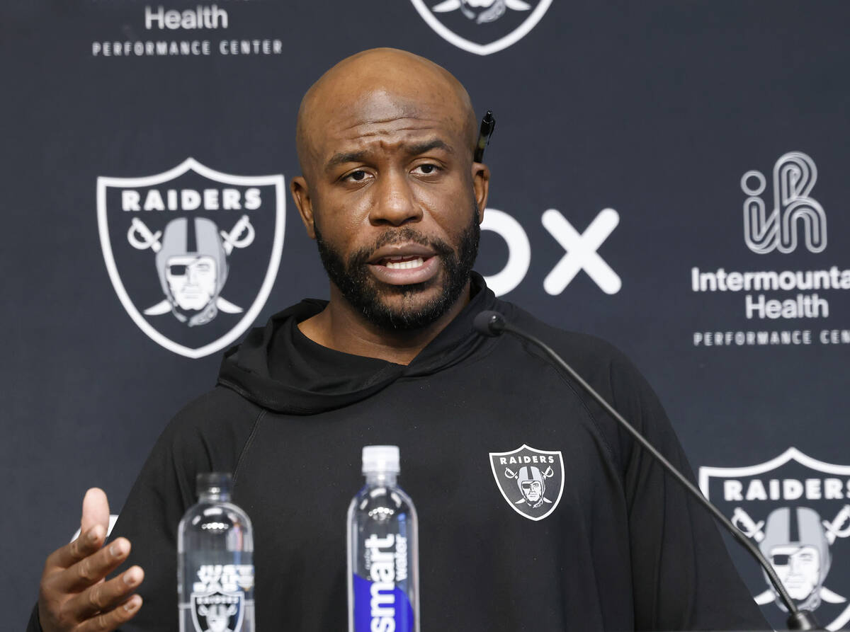 Raiders safeties coach Gerald Alexander addresses the media before organized team activities at ...
