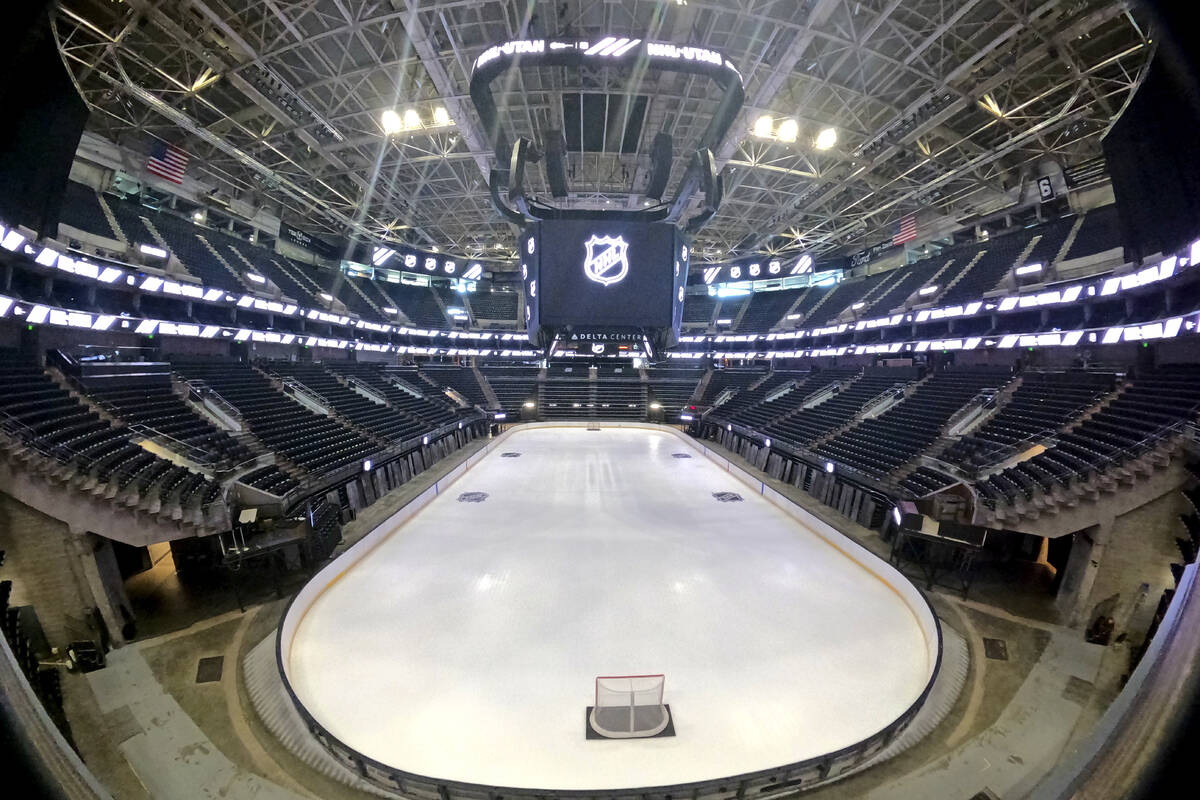 The hockey rink at the Delta Center has new NHL logos Friday, April 19, 2024, in Salt Lake City ...