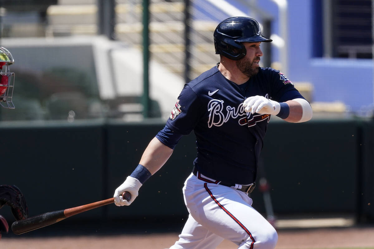 Atlanta Braves' Jason Kipnis bats during a spring training baseball game against the Boston Red ...