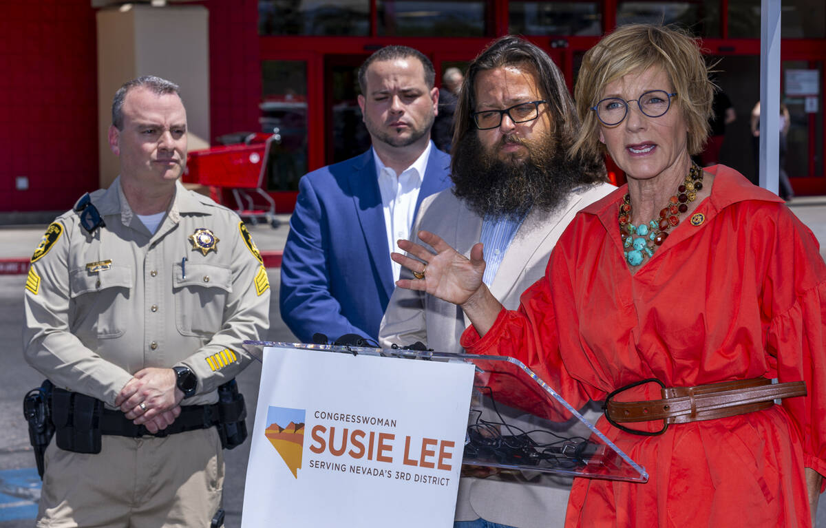 Congresswoman Susie Lee (NV-03) speaks during a press conference at a Target store with local l ...
