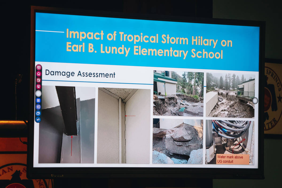 Damage to Lundy Elementary from Tropical Storm Hilary is shown during a meeting hosted by CCSD ...
