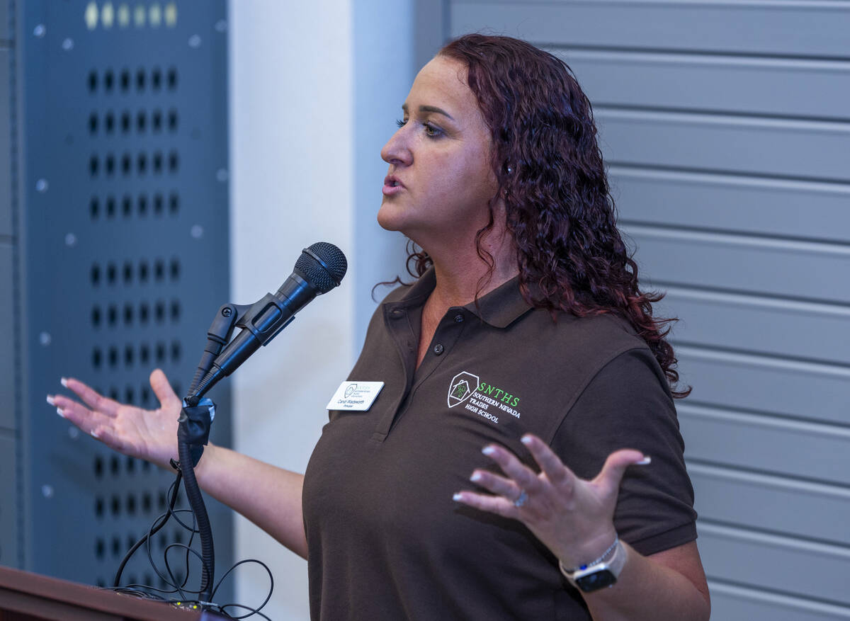 Principal Candi Wadsworth welcomes visitors to the Southern Nevada Trades High School as the sc ...