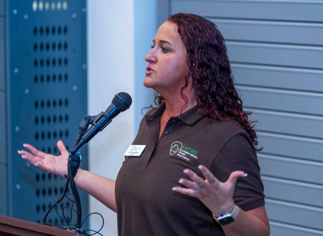 Principal Candi Wadsworth welcomes visitors to the Southern Nevada Trades High School as the sc ...