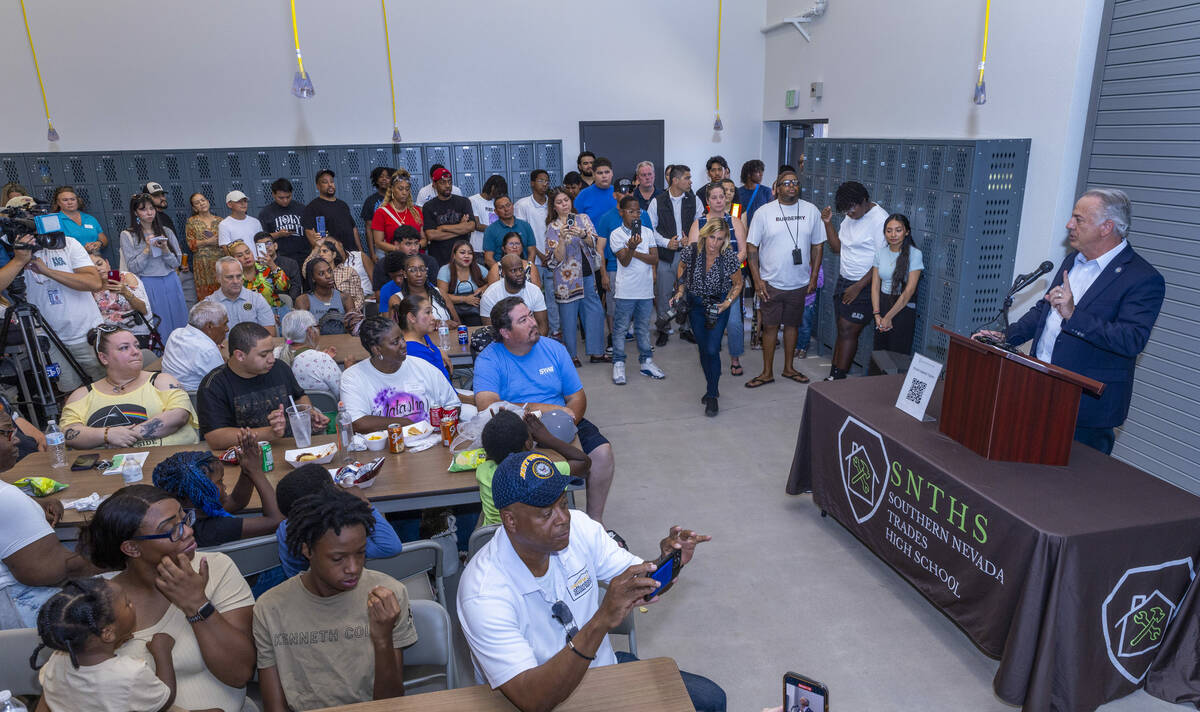 Governor Joe Lombardo speaks to attendees during a visit to the Southern Nevada Trades High Sch ...