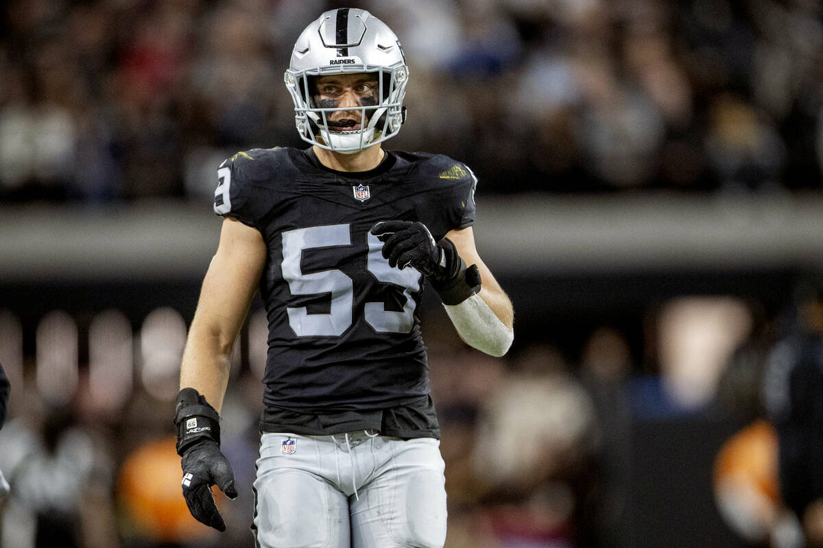 Raiders linebacker Luke Masterson (59) on the field during the first half of an NFL game agains ...