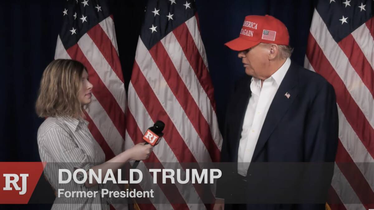 Former President Donald Trump speaks with Review-Journal's Jessica Hill ahead of his rally at S ...