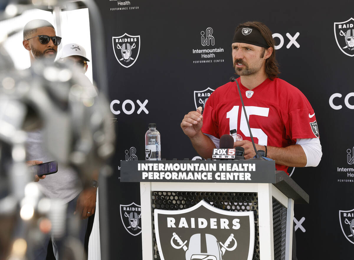 Raiders quarterback Gardner Minshew II addresses the media after organized team activities at t ...