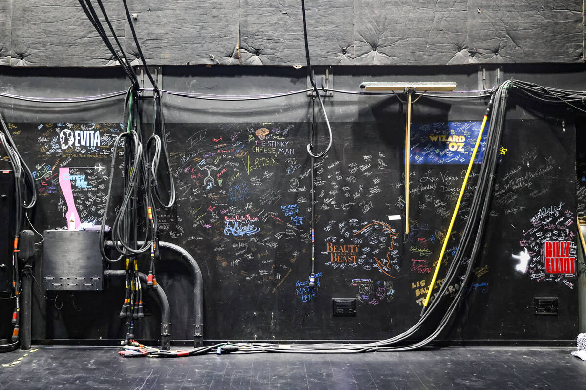 Signatures from stars adorn the backstage walls at The Smith Center in Las Vegas, Wednesday, Ju ...