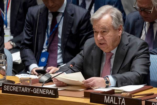 FILE - United Nations Secretary General Antonio Guterres at a Security Council meeting at the U ...