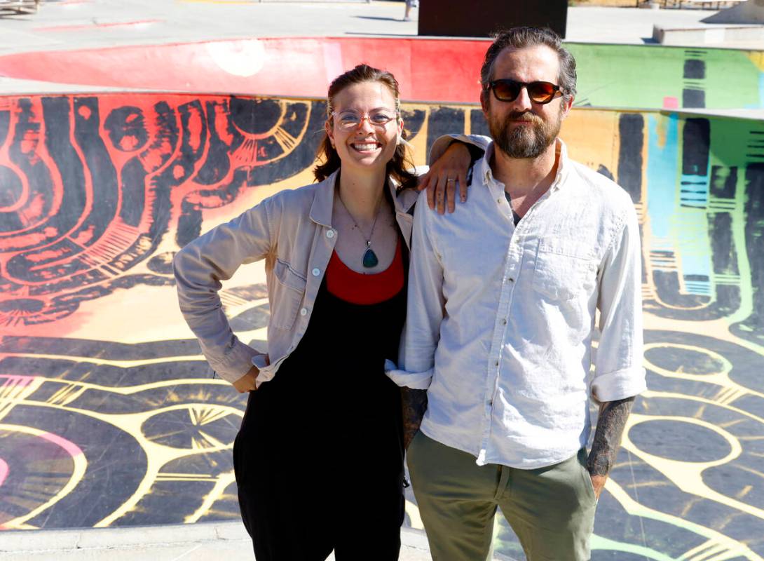 Jess Demlow, left, of Paints with Care, and local muralist and skateboarder Nico Roussin, pose ...