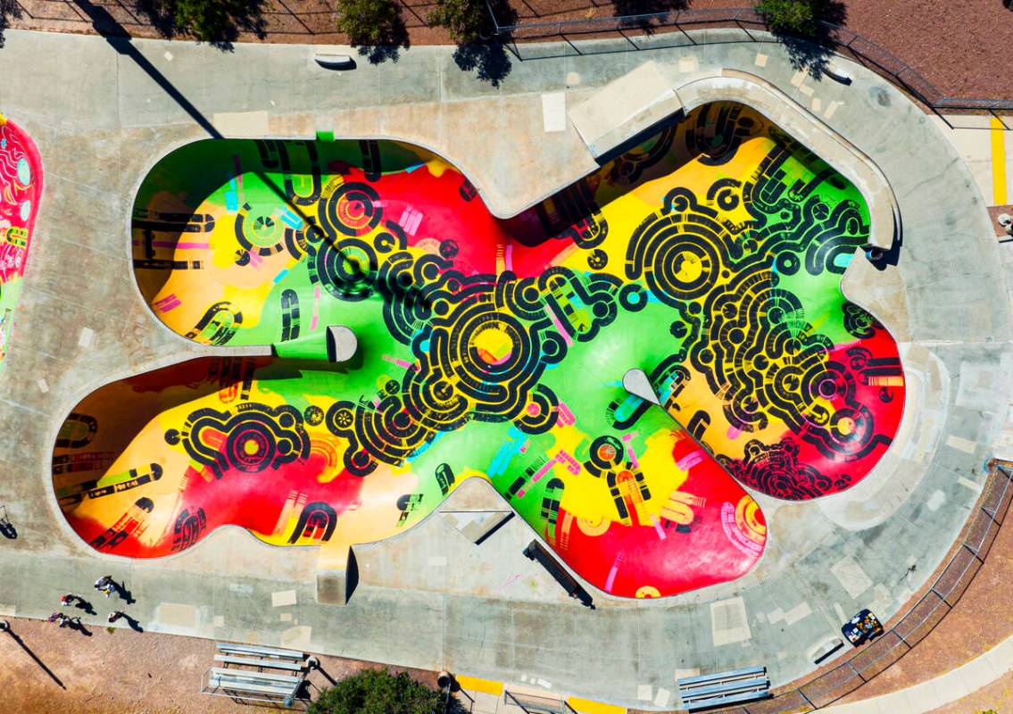 An aerial view of the Doc Romeo Skatepark, on Monday, June 10, 2024, in Las Vegas. Local murali ...