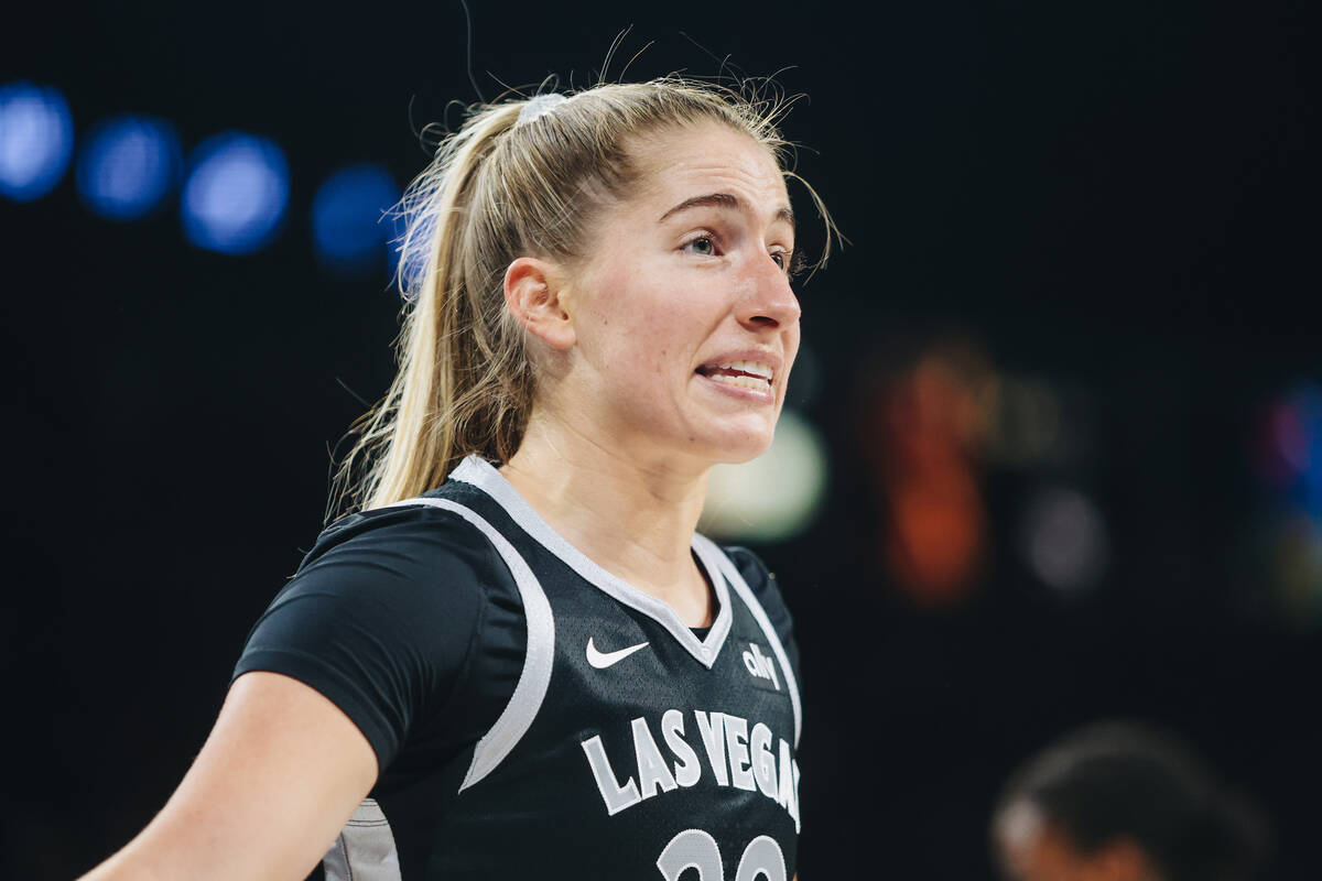 Aces guard Kate Martin (20) yells to a referee during a game between the Aces and Indiana Fever ...