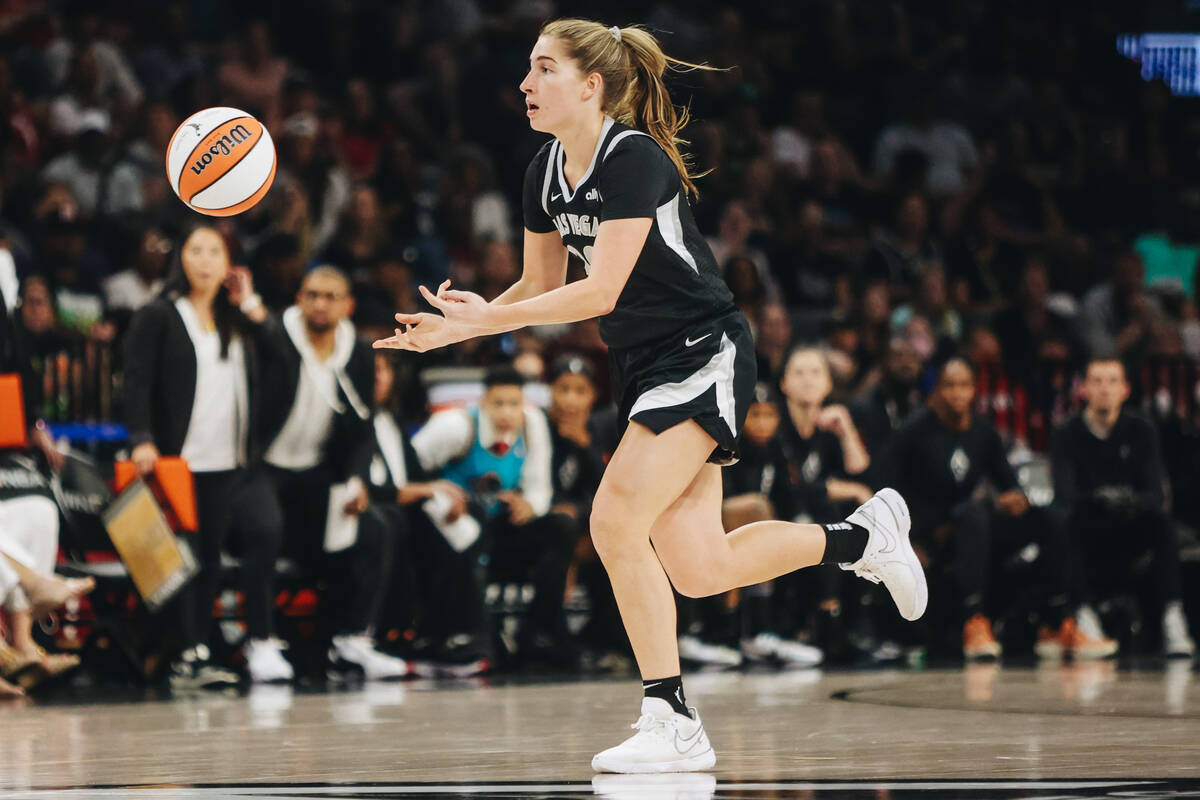 Aces guard Kate Martin (20) chases after the ball during a game between the Aces and Indiana Fe ...