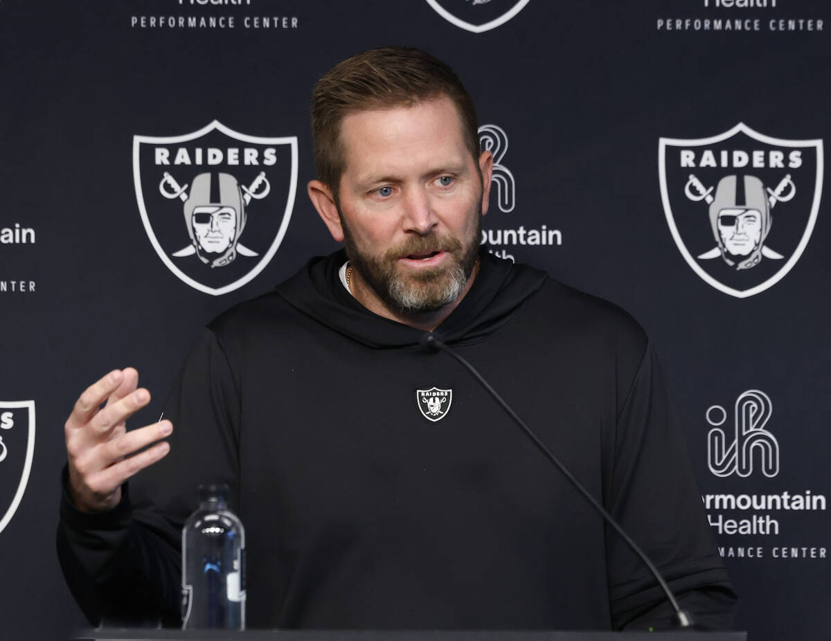 Raiders pass game coordinator Scott Turner addresses the media before an NFL football practice ...