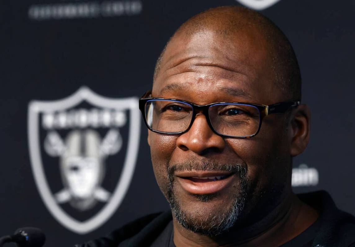 Raiders wide receivers coach Edgar Bennett addresses the media before an NFL football practice ...