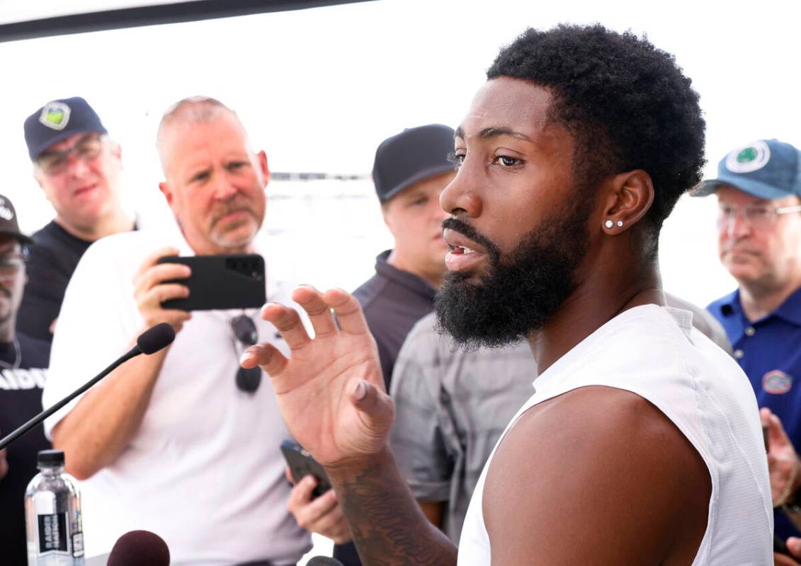 Raiders cornerback Nate Hobbs addresses the media after an NFL football practice at the Intermo ...