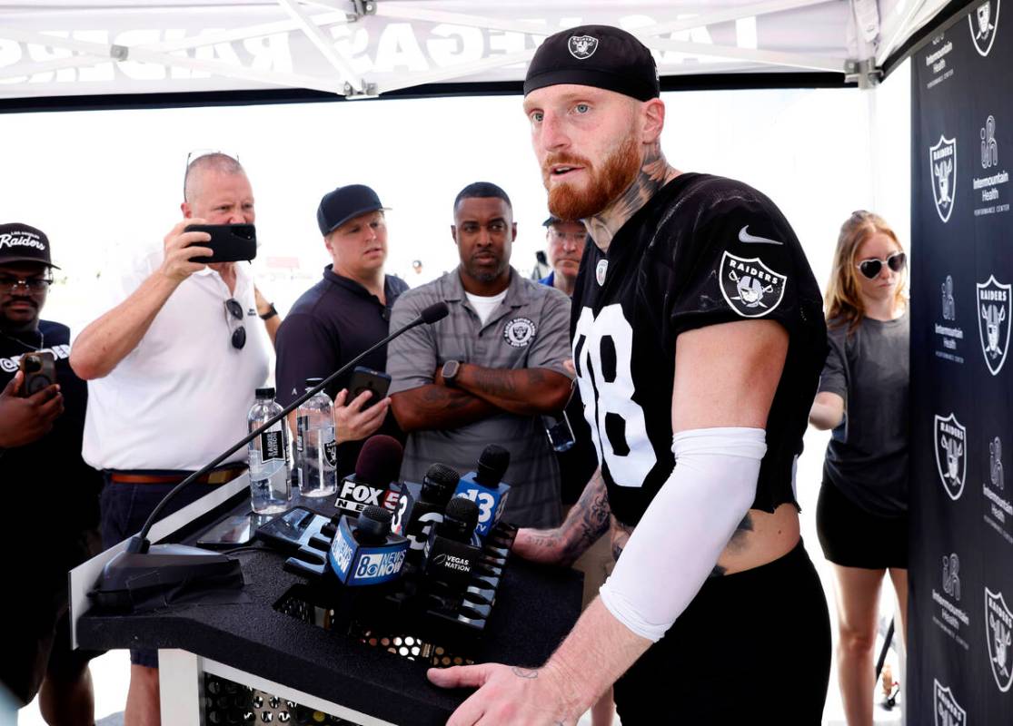 Raiders defensive end Maxx Crosby (98) addresses the media after an NFL football practice at th ...