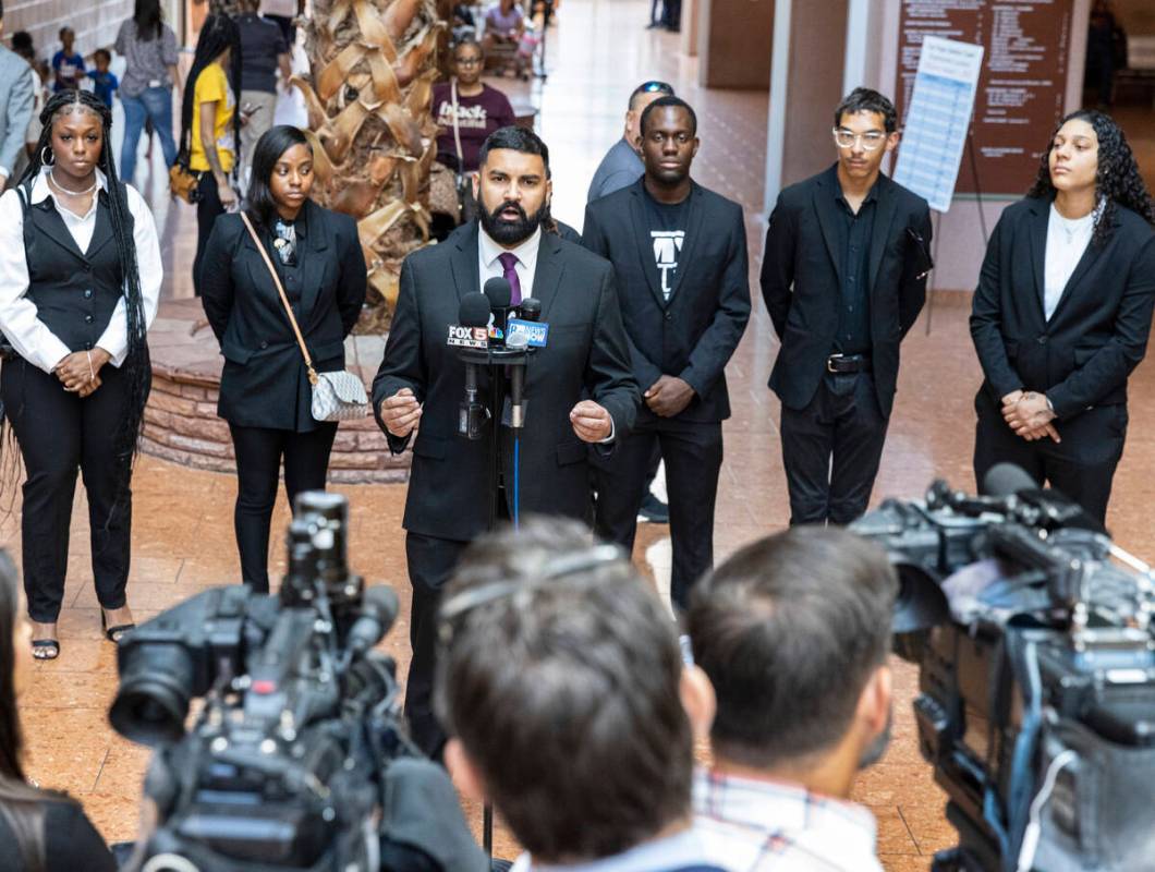 Athar Haseebullah, executive director of ACLU of Nevada, addresses the media before a court hea ...