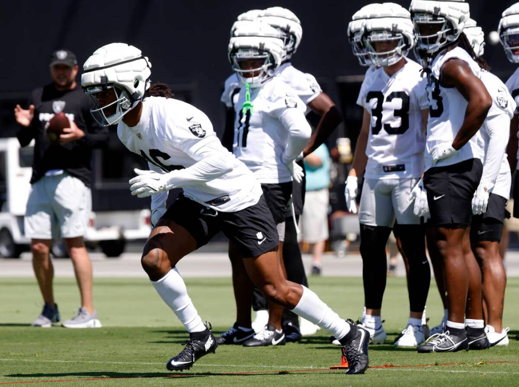 Raiders wide receiver Jakobi Meyers (16) runs through drills during organized team activities a ...