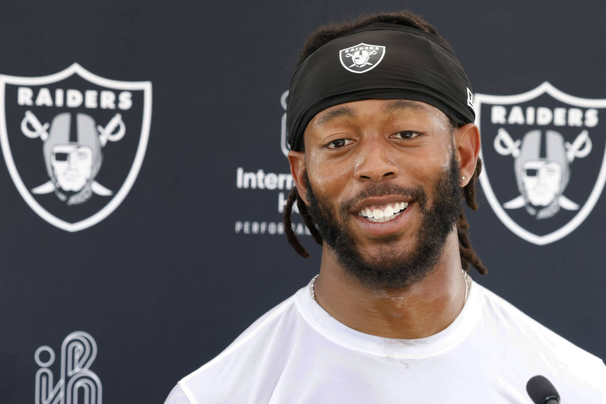 Raiders wide receiver Jakobi Meyers addresses the media after mandatory mini camp at the Interm ...